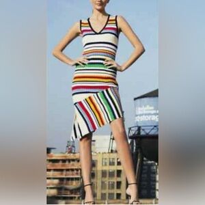 Milly Directional Pop Striped Vneck Asymmetrical Stretch Dress